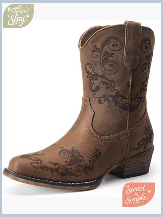 Shoes - Women's Western Ankle Boots Chunky Heel Square Toe Vegan Leather Zipper